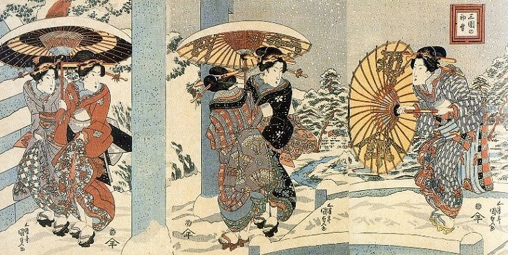 OCT171 掛軸 歌川国貞 『雪景船上美人図』画讃 肉筆 絹本 箱付