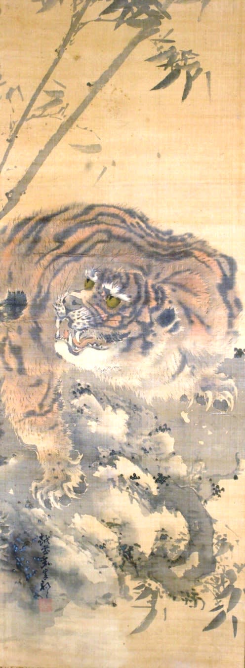 □佐伯岸駒 掛軸 煙い 猛虎図 絹本肉筆桐箱付き京都江戸時代後期