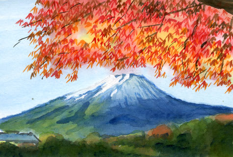 紅葉 - 富士山の水彩画