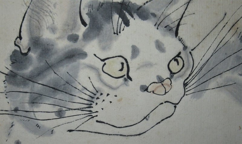 藤田嗣治 自画像 猫と背景美人画 肉筆水彩 高級額装 写真や印刷ではない。