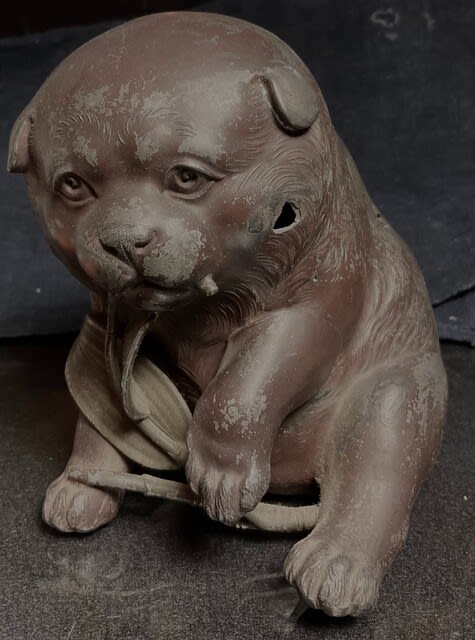 古美術 古銅造 犬 置物 時代物 11.0 x 13.0 x 13.5cm(H