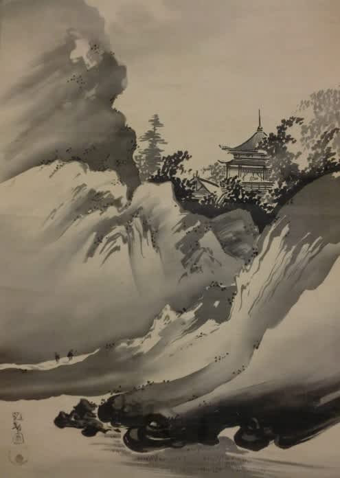 月下水墨山水図 伝橋本雅邦筆 - 夜噺骨董談義