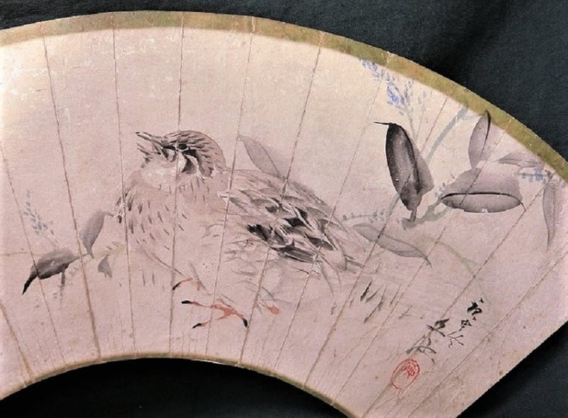 買取り実績  平福穂庵筆 扇面鶉之図 慶応2年（1866年） 夜噺骨董談義 - 書