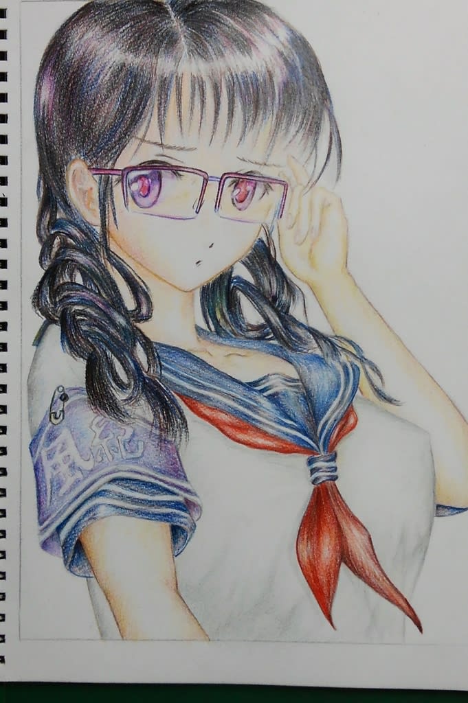 手書きイラスト 女の子 セーラー服の少女 NO .22 ☆鉛筆 色鉛筆