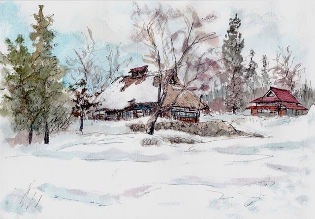 【本物保証】 郷愁をかきたてる雪の古民家の水彩画 - 後藤和弘のブログ 絵画