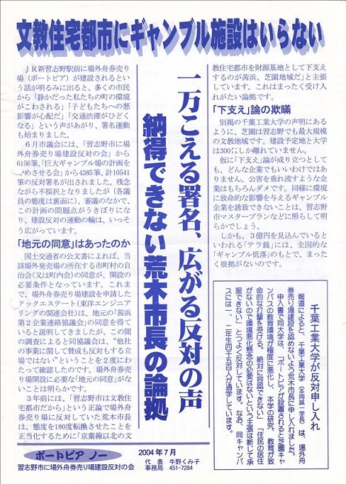 ボートピア習志野 場外舟券売り場 設置反対運動の経緯 反対住民団体の結成 習志野市民フォーラム