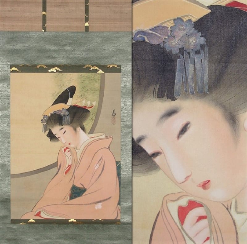 大林千万樹 「文読む美人」 軸装 江戸時代の肉筆浮世絵を想わ 大林千万樹 「文読む美人」 軸装 江戸時代の肉筆浮世絵を想わ