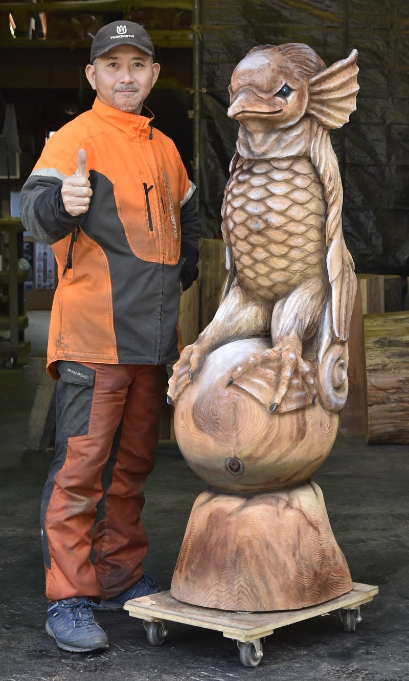 配送員設置 2021年 最初の作品 JAPAN・ケイジの ART CHAINSAW - アマビエ様 置物、オブジェ