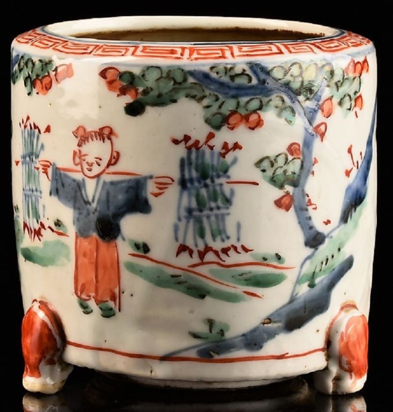 古（天啓？南京？）赤絵 唐子文三足香炉 - 夜噺骨董談義