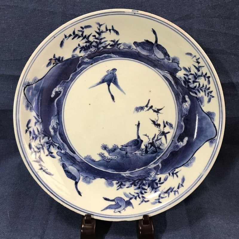 お気に入りの作品 古伊万里 藍柿山水雁図染付七寸皿 江戸中期