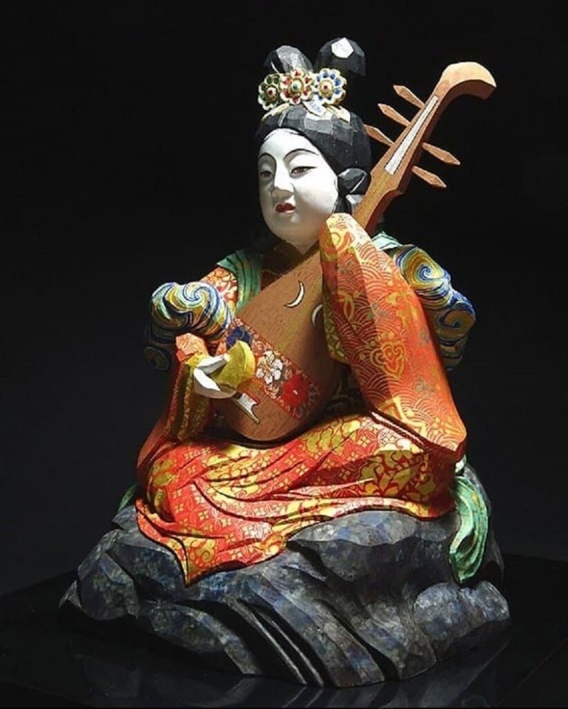 彫刻家 平野富山作 陶器製 羽衣舞 大理石台付 置物 共箱 C