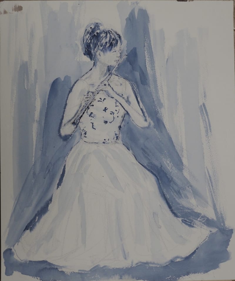スーパーセール 目玉商品 水彩画 フルートを吹く女性 光と影のつづれ織り - 絵画