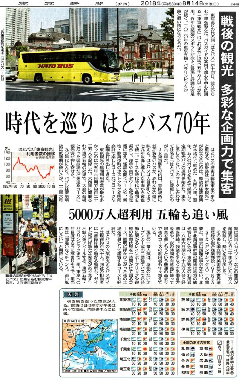 はとバス70年 8月14日東京新聞夕刊 心は 青春