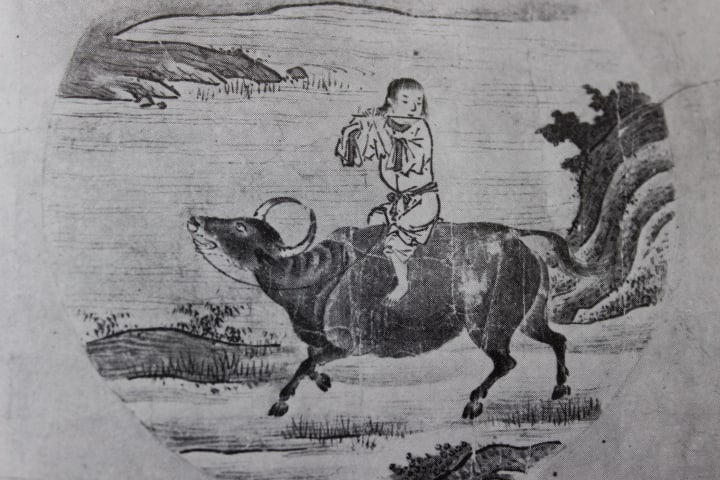 独創的 作者不詳/薫風野趣図/牛と人物図/農耕図/横物/掛軸☆宝船