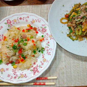 2025/7/16 今日作った料理 ピラフ ゴーヤの炒めたもの