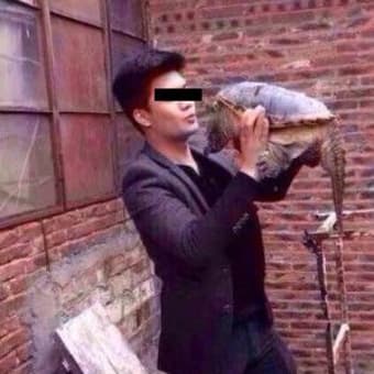 ワニガメを放そうとした青年 サヨナラのキスでがぶり！－－中国