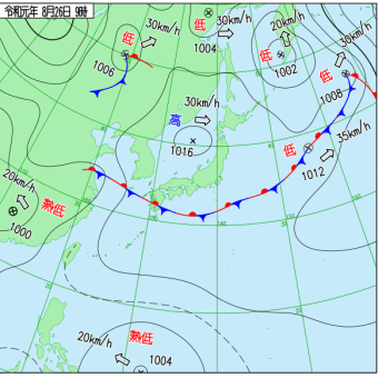 8月26日　本州北部高気圧＋九四南海停滞前線