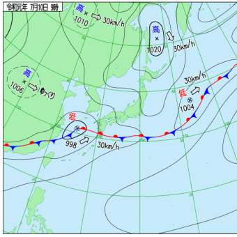 7月10日　オホーツク海高気圧＋南岸停滞前線の北高南線型