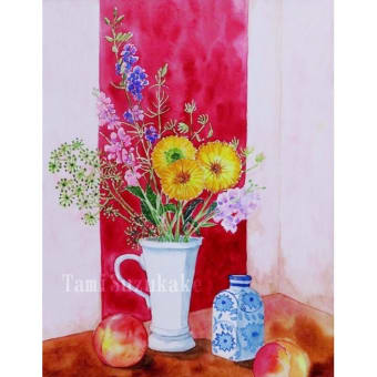 値下げ adelina quadri アデリアクアドリ 赤い花 水彩画