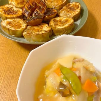 白茄子のステーキと中華丼