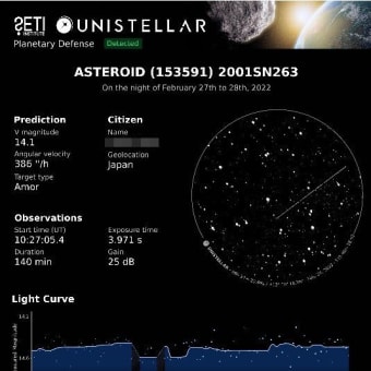 eVscopeで地球近傍小惑星2001SN263を観測