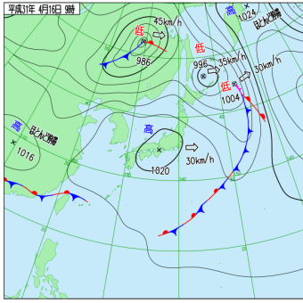 4月16日　本州中南部高気圧＋樺太低気圧