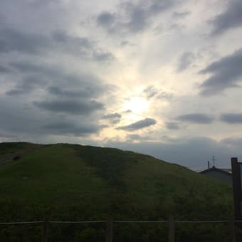 古墳に落ちる夕陽と山アジサイ