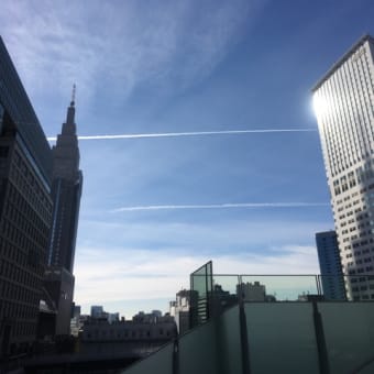 飛行機雲が見える朝の空が綺麗でした😊✨