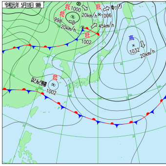 5月18日　東高西低型＋沖合停滞前線の複合型