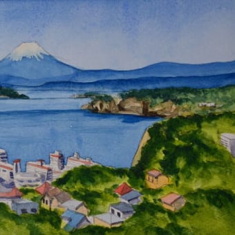近所の公園からの富士山を描く。