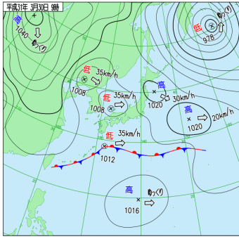 3月30日　混在型（二つの寒冷低気圧＋移動性高気圧＋沖合停滞前線）