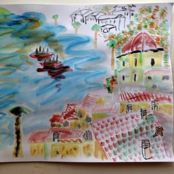絵画作品「海岸線の街」/an art work " A town on the coastline " painted by Katsutoshi Ishikawa