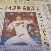 広島ドラゴンフライズ、優勝おめでとう！地方紙・中国新聞朝刊はスポーツ新聞にようになっています（笑）カープは首位に浮上！