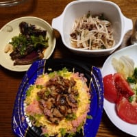 あなごちらし、トマトとマカロニサラダ、かつおのたたき、もやしいため