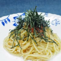 明太子パスタ＠麺天坊　麺量70グラムで作ったので副菜添えました( ..)φメモメモ