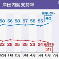 2024年6/7～9NHK世論調査　政党支持率：自民25.5％（-2.0）　⇔　立憲9.5％（+2.9）；内閣　支持率21％ 不支持率60％　