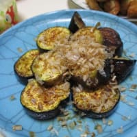 質素に少量-今日も元気----鯵の南蛮漬け、お好み焼き、焼き芋、高菜の握り、茄子の醤油焼き、アスパラ豚肉焼、パイナップル、
