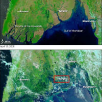 ミャンマーを襲ったサイクロンの爪あと NASA衛星写真