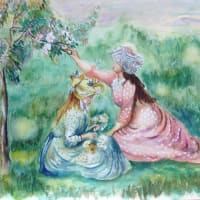 水彩画…草原で花を摘む少女達