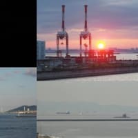 今朝の風景　有明の月，日の出，明石海峡大橋，鉄のクジラ遊泳中