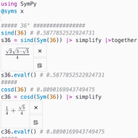 Julia/SymPy: sin(36°)，cos(36°)，tan(36°)