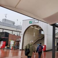 雨の日の平日の牛久駅の東口：木のアーケード