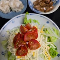 うちのごはん　　焼売　と　サラダ　と　鶏肝煮(^.^)