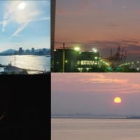 2024年8月3日　昨夕，今朝の風景　神戸港／夕景，日の出前／有明の月，日の出