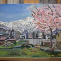 油彩№127「桜の木のもとで(長野県白馬村)(模写)」 (F10号・8日目完成)