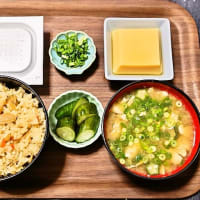 家で朝ごはん（炊き込みご飯（岩下の新生姜ごはん）、玉子豆腐、納豆、オクラと卵のみそ汁、きゅうり漬）（2025年7月8日）