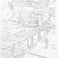 今日の絵は「バス停のある風景（阪急仁川駅前）」の下絵です