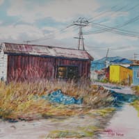 「漁具倉庫-１」水彩画Ｆ４／錆の風合い／漁港の風景