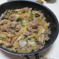 質素に少量-今日も元気----韓国チヂミ、甘夏みかん、すき焼き、シシャモの味醂干し、イチゴ、カップアイス、ミルクバー