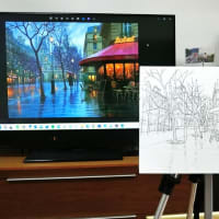 今日の絵は「雨のパリの街角」のペン描き下絵です